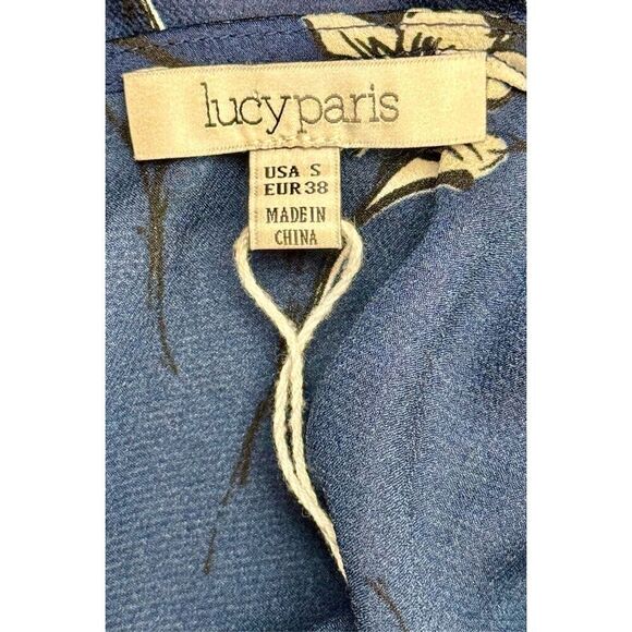 NWOT Lucy Paris Dark Blue Floral Dress Asymmetric Pleated Sleeve Lined Dress S - Picture 4 of 9